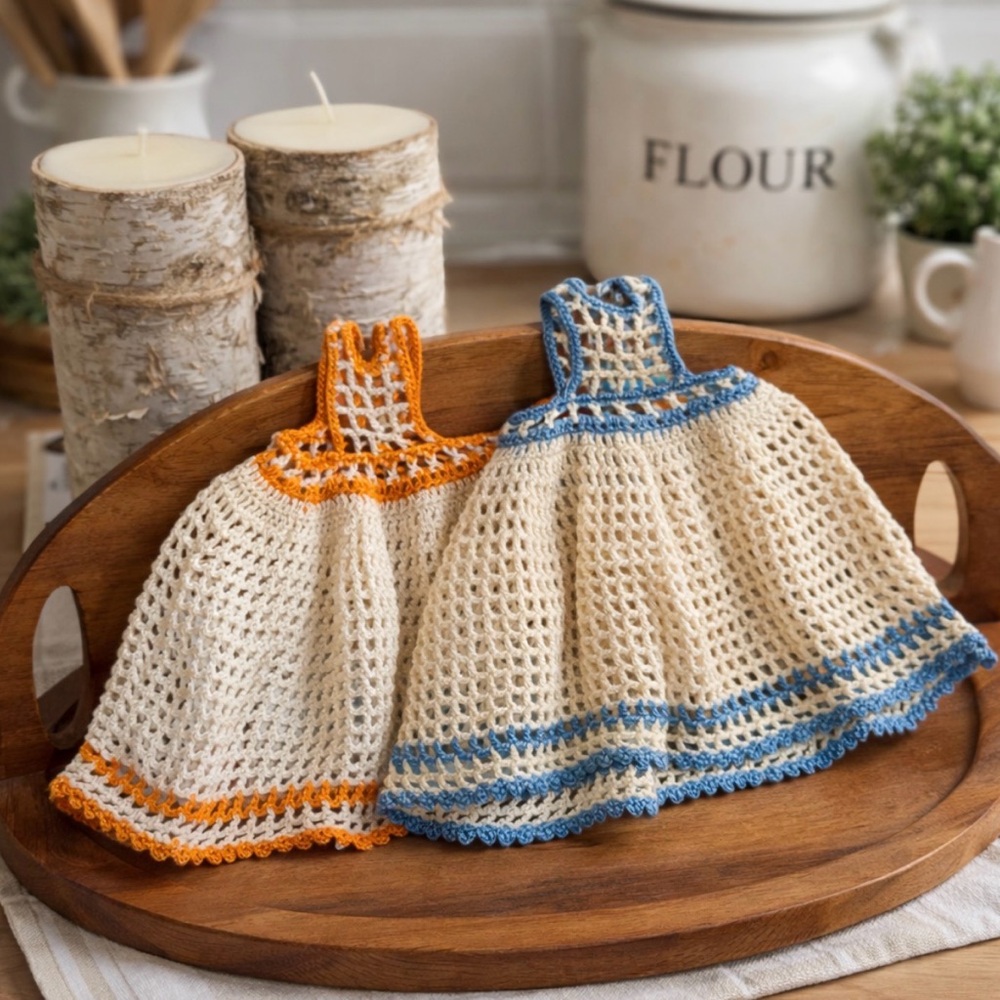 Vintage Crochet Dress Dish Towels Potholders Set Cottage Farmhouse Kitchen Decor